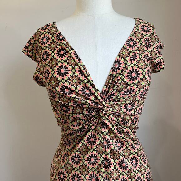 90s Lizzatti Poly Spandex Floral Printed Knot Front V Neck Short Dress Size 10 P - Picture 4 of 6